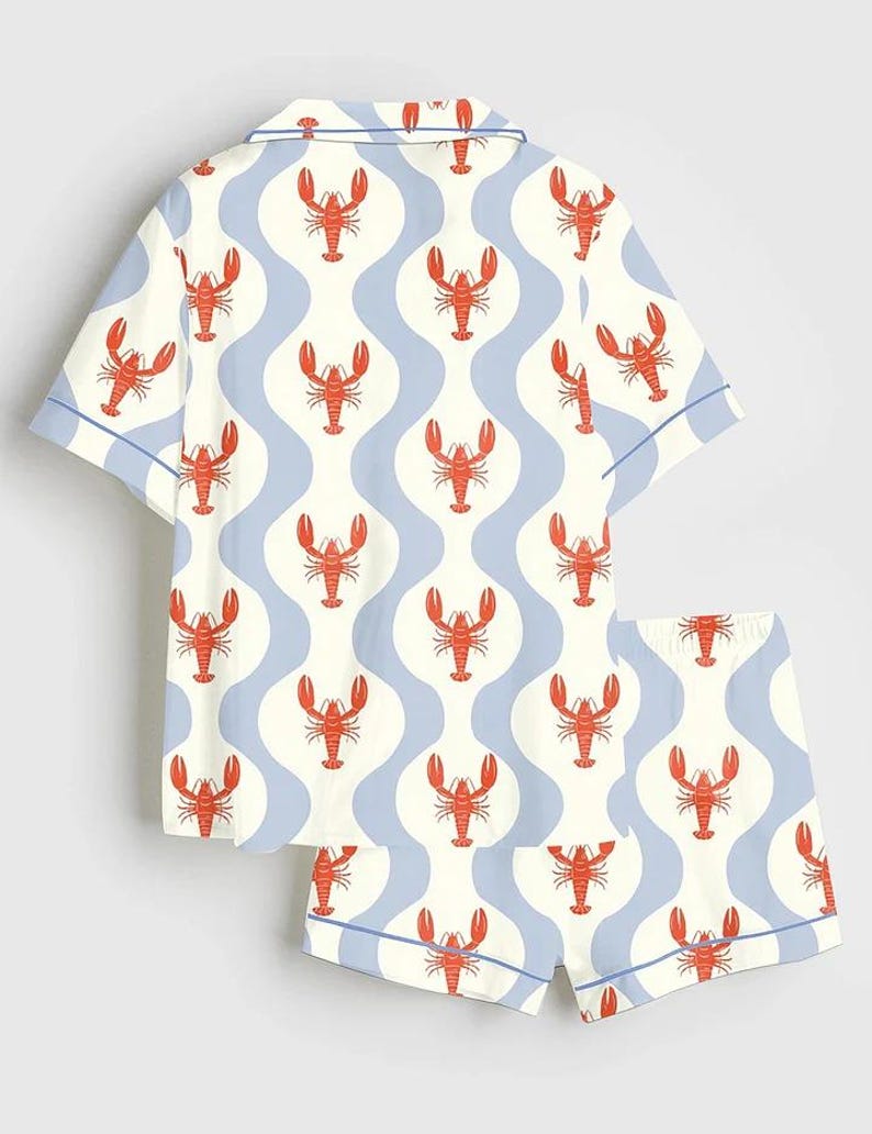 Women’s Whimsical Lobster Nautical Coastal Beach Marine Print Long Sleeve Satin Pajama Set, Fun Summer Coastal Sleepwear bild 2