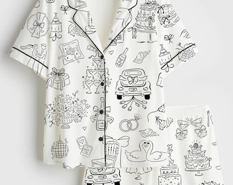 Women’s Hand Drawn Whimsical Wedding Illustrations Satin Pajama Set, Bride Short Sleeve PJs, Bridal Shower & Bachelorette Sleepwear