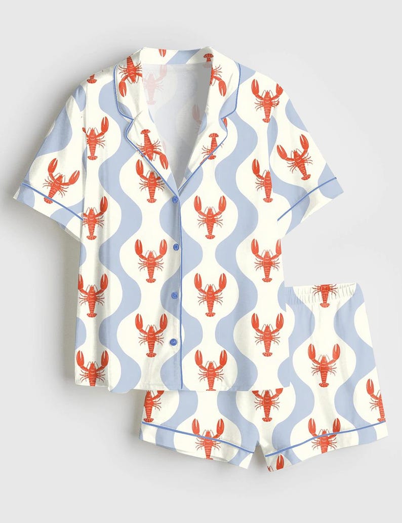 Women’s Whimsical Lobster Nautical Coastal Beach Marine Print Long Sleeve Satin Pajama Set, Fun Summer Coastal Sleepwear bild 1