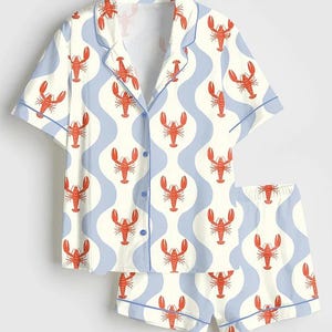 Women’s Whimsical Lobster Nautical Coastal Beach Marine Print Long Sleeve Satin Pajama Set, Fun Summer Coastal Sleepwear bild 5