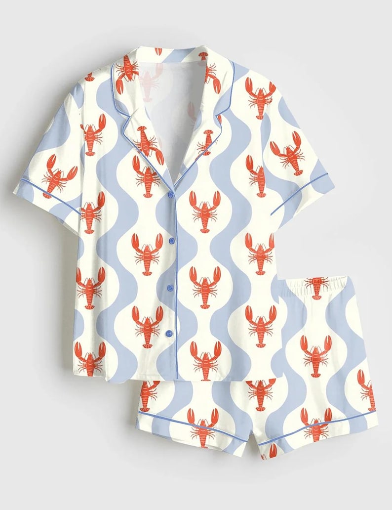 Women’s Whimsical Lobster Nautical Coastal Beach Marine Print Long Sleeve Satin Pajama Set, Fun Summer Coastal Sleepwear bild 4