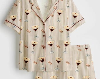 Espresso Martini Stripe Satin Pajama Set, Striped Cocktail PJs, Silky Short Sleeve Sleepwear, Women's Martini Lover Gift, Aesthetic Lounge