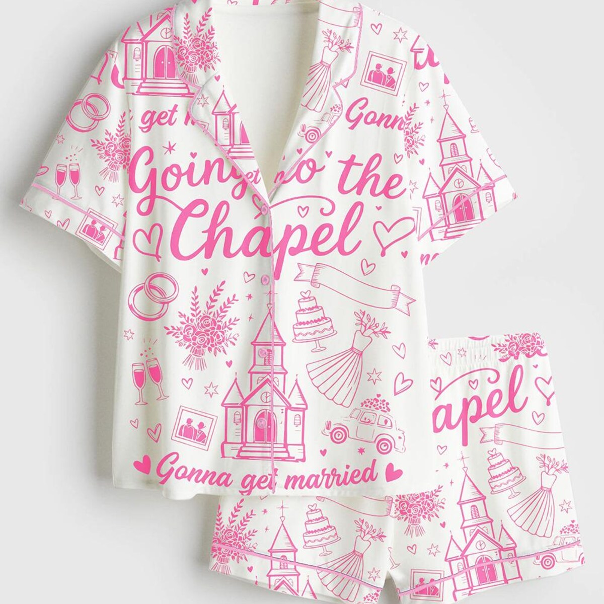 Women’s Retro Bachelorette Satin Pajama Set – “going to the Chapel” Coquette Wedding Party Print Short Sleeve Pjs, Bridal Sleepwear Gift - Etsy