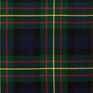 May include: A close-up of a tartan pattern in shades of green, navy, red, and yellow. The design features a grid of intersecting lines, creating a classic plaid effect. The fabric has a woven texture.