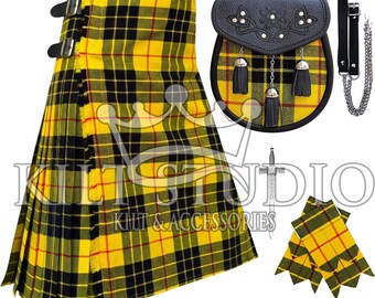 May include: A yellow and black plaid kilt with matching sporran, flashes, and belt. The kilt has two buckles and a pleated design. The sporran is black leather with silver accents and tassels. The flashes are yellow and black plaid.