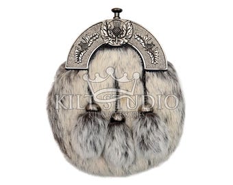 Scottish Full Dress Sporran - Made to Order - Premium Handmade Leather Sporran - Gray fur Sporran Thistle Cantle Sporran - With Chain Strap