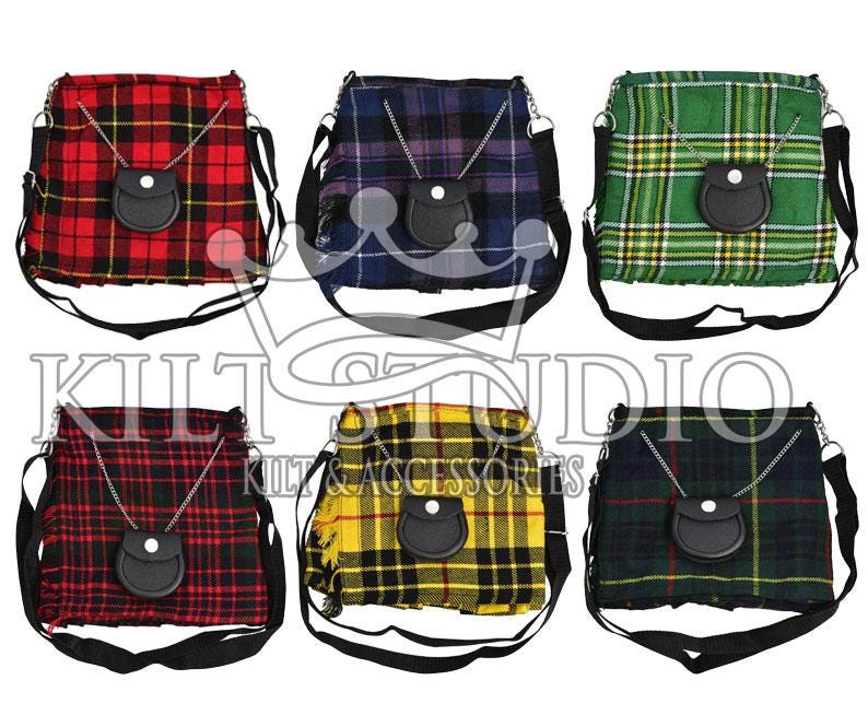 May include: Six tartan shoulder bags in various colors: red, blue, green, dark red, yellow, and dark green. Each bag features a matching small black pouch attached with a silver chain and a black shoulder strap. The bags are square-shaped.