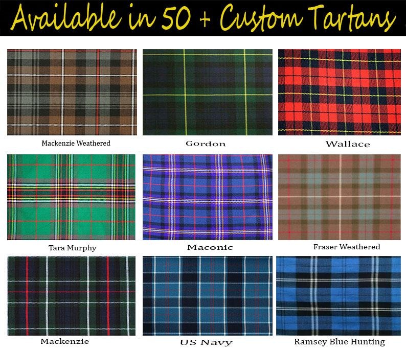 May include: A collection of nine tartan fabric swatches in various colors and patterns. The image includes tartans such as Mackenzie Weathered, Gordon, Wallace, Tara Murphy, Maconic, Fraser Weathered, Mackenzie, US Navy, and Ramsey Blue Hunting. Text at the top reads "Available in 50 + Custom Tartans."