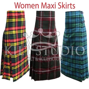 Women&#39;s Tartan Kilt - Tartan Maxi Kilted Skirt - Girls Hostess Skirt - Custom Made Ankle Length Skirt - 50+ Multi Plaid Tartan Skirts