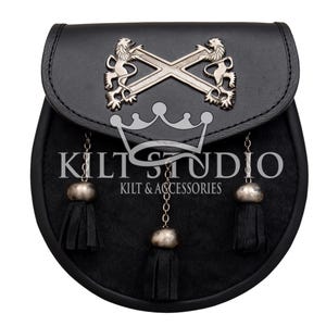 Premium Handmade Black Leather Sporran - Scottish Semi Dress Kilt Sporran - Rampant Lions Emblem - Black Bovine Fur Sporran & Chain Strap