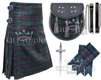 Scottish Brown Watch Tartan 8 Yard Kilt for Men - Highlander Traditional Kilt Package - Tartan Sporran, Pair of Flashes and Kilt Pin