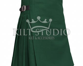 Green Wool 8 Yard Kilt for Men - Traditional Scottish Highland Kilt - Handmade Heavy Wool Pleated Kilt - Men's Green Kilt & Leather Straps