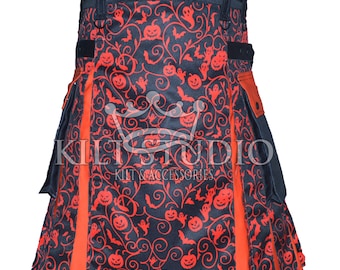 May include: A black and orange Halloween kilt with a repeating pattern of pumpkins, bats, and ghosts. The kilt has a black waistband and orange accents. The text "Kilt Studio" is printed on the front.