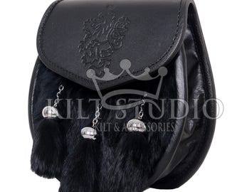 Scottish Handmade Semi Dress Kilt Sporran Black Rabbet Sporran Real Black Leather Rampant Lion Emboss & Chain Strap