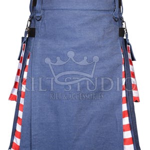 Schottischer handgefertigter blauer Denim-Hybridkirt Schottischer traditioneller Kilt - Abnehmbare Taschen