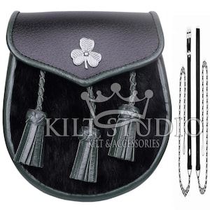 Scottish Semi Dress Sporran - Black Leather Sporran - Shamrock Emblem - Black Rabbit Fur - Chain Strap - Kilt Sporran - St. Patrick Day