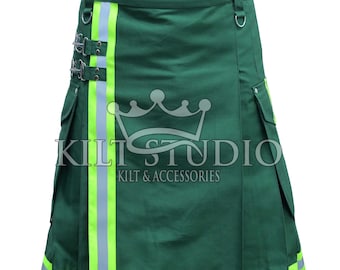 May include: A green kilt with neon yellow and silver reflective stripes. The kilt has two pockets, silver buckles, and the text "KILT STUDIO KILT & ACCESSORIES".