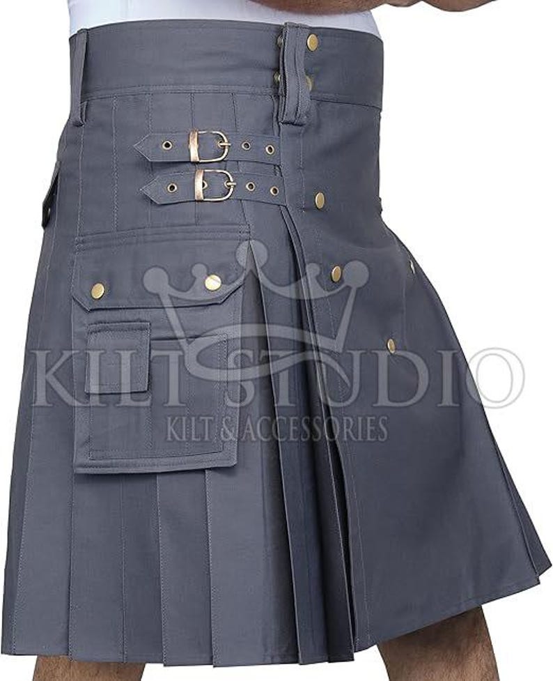 Kilt Feature Scottish Grey Cotton Utility Kilt - Cotton Kilt for Men's - Cargo ...
