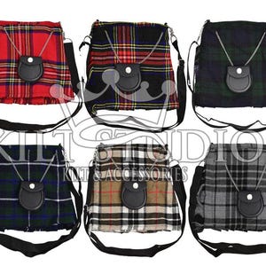 May include: Six tartan shoulder bags in various colors, including red, black, and green. Each bag features a small, black leather pouch attached with a chain and a black shoulder strap. The bags are displayed against a white background.