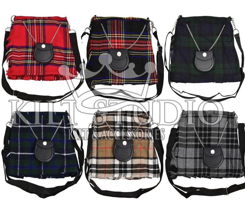 May include: Six tartan shoulder bags in various colors, including red, black, and green. Each bag features a small, black leather pouch attached with a chain and a black shoulder strap. The bags are displayed against a white background.