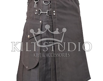 May include: A dark brown kilt with a pocket and metal hardware. The kilt has pleats and decorative buckles. The text "KILT STUDIO" and "KILT & ACCESSORIES" is visible on the front.