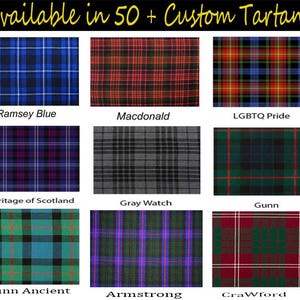 May include: A grid of nine tartan fabric swatches in various colors. The top row includes blue, red, and a rainbow-colored pattern. The middle row features purple, gray, and green tartans. The bottom row shows green, purple, and red tartans. Text at the top reads "Available in 50+ Custom Tartans."