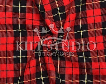 May include: Close-up of a red, black, and yellow plaid fabric. The fabric has a repeating pattern of squares and lines. The text "KILT STUDIO" and "KILT & ACCESSORIES" is printed on the fabric.