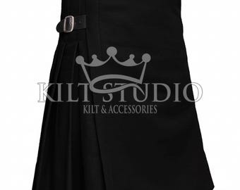 Kilt en laine noire de 8 mètres pour homme - Kilt traditionnel des Highlands écossais - Kilt plissé en laine lourde fait main - Kilt noir pour homme avec lanières de cuir