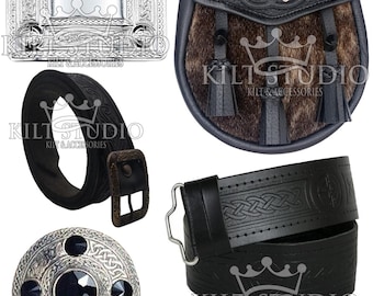 Scottish Single Celtic Knot Embossed Brown Fur Semi Dress Kilt Sporran Package - Sporran Belt - Brooch Pin - Leather Belt & Buckle