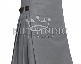 Kilt en laine gris 8 yards pour homme - Kilt traditionnel des Highlands écossais - Kilt plissé en laine lourde fait main - Kilt gris pour homme avec lanières de cuir