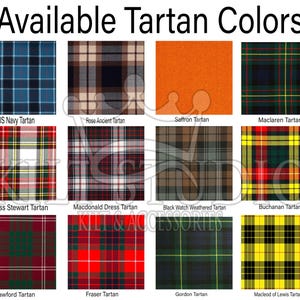 May include: A grid of tartan fabric swatches in various colors and patterns. The image includes the text "Available Tartan Colors" and names such as "US Navy Tartan", "Dress Stewart Tartan", and "Fraser Tartan".
