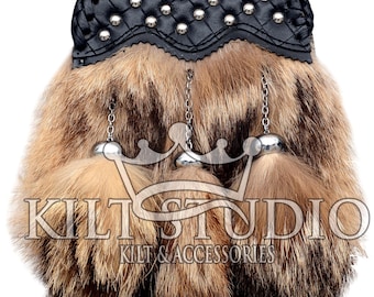 Premium Handmade Black Leather Sporran - Leather Cantle Full Dress Kilt Sporran - Original Coyote Fur - With Chain Strap
