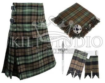 May include: A traditional kilt in a green, brown, and black plaid pattern, with matching accessories. The kilt features two buckles and a pleated design. Accessories include a matching scarf with fringe, a decorative pin, and two kilt hose flashes.