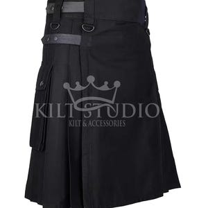 Men&#39;s Scottish Handmade Black Cotton Utility Kilt - Leather Straps Utility Kilt - Custom Size Kilt- Made To Order