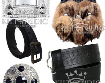 Scottish Single Celtic Knot Embossed Brown Fur Full Dress Kilt Sporran Package - Sporran Belt - Brooch Pin - Leather Belt & Buckle