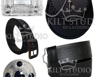 Plain Black Leather Pin Lock Semi Dress Sporran - Rampant Lion Embossed Kilt Sporran Package - Sporran Belt - Brooch Pin - Belt & Buckle
