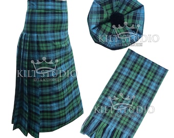 May include: A maxi skirt, hat, and scarf set in a green, blue, and black plaid pattern. The skirt is long and pleated, the hat is a tam style, and the scarf has fringed edges. The text "Women Maxi Skirt" is at the top.