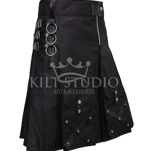 Scottish Men&#39;s Gothic Fashion Utility kilt 100% Cotton and Leather Straps Goth Kilt - utility kilt for Men&#39;s - Scottish Kilt Made To Order