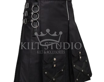 May include: Black kilt with silver metal rings and buckles. The kilt has two pockets with leather accents and decorative stitching. The text "KILT STUDIO" and "KILT & ACCESSORIES" is visible on the kilt.