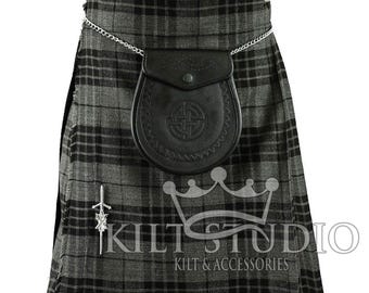 Kilt escocês de 5 jardas em tartan Grey Watch - Conjunto tradicional de kilt para traje masculino das Terras Altas: Kilt de tartan + sporran + fivela + alfinete + cinto