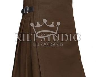 Brown Wool 8 Yard Kilt for Men - Traditional Scottish Highland Kilt - Handmade Heavy Wool Pleated Kilt - Men's Brown Kilt & Leather Straps