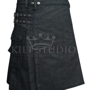 Premium Handarbeit - Schwarzer Denim Kilt - Scottish Modern 2 seitliche Cargo-Taschen Kilt - Langlebiger Jeans Kilt Kilt - Silber Zubehör