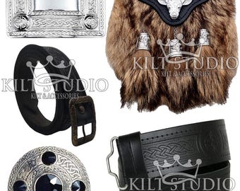 Scottish Kilt Sporran Set Semi Dress Kilt Sporran Package - Sporran Belt - Brooch Pin - Leather Belt & Buckle