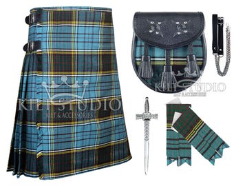 Scottish Anderson Tartan 8 Yard Kilt for Men - Highlander Traditional Kilt Package - Tartan Sporran, Pair of Flashes and Kilt Pin