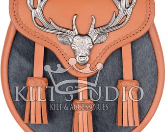 Handmade Scottish Tan Leather Sporran - Antique Stag Head Design Gray Bovine Fur Sporran - Semi Dress Sporran Kilt Sporran -With Chain Strap