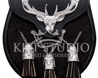 Premium Handmade Black Leather Sporran - Stag Head Design Black Bovine Fur Sporran - Semi Dress Sporran With Chain Strap