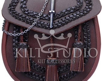 Scottish Handmade Semi Dress Sporran Real Quality Brown Leather Kilt Sporran - Pin Lock Sporran - Highland kilt Bag with Belt & Chain Strap