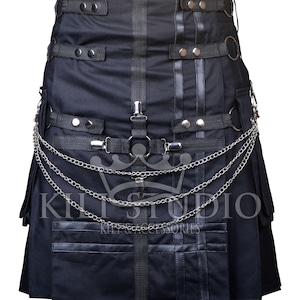 Scottish Handmade Black Cotton Gothic Utility Kilt For Men - Tactical Utility Cargo Pockets Kilt with Chains - Fashion Kilt - Made To Order