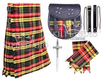 Scottish Buchanan Tartan 8 Yard Kilt for Men - Highlander Traditional Kilt Package - Tartan Sporran, Pair of Flashes and Kilt Pin