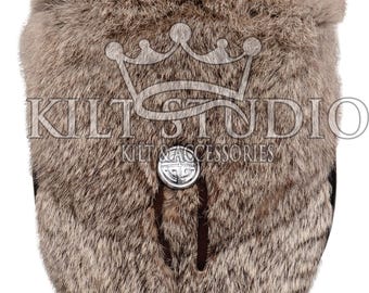 Scottish Handmade New Semi Dress Kilt Sporran Gray Rabbet Real Black Leather Sporran & Chain Strap